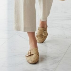 Charles David Tan Woven Mules with Gold Accent